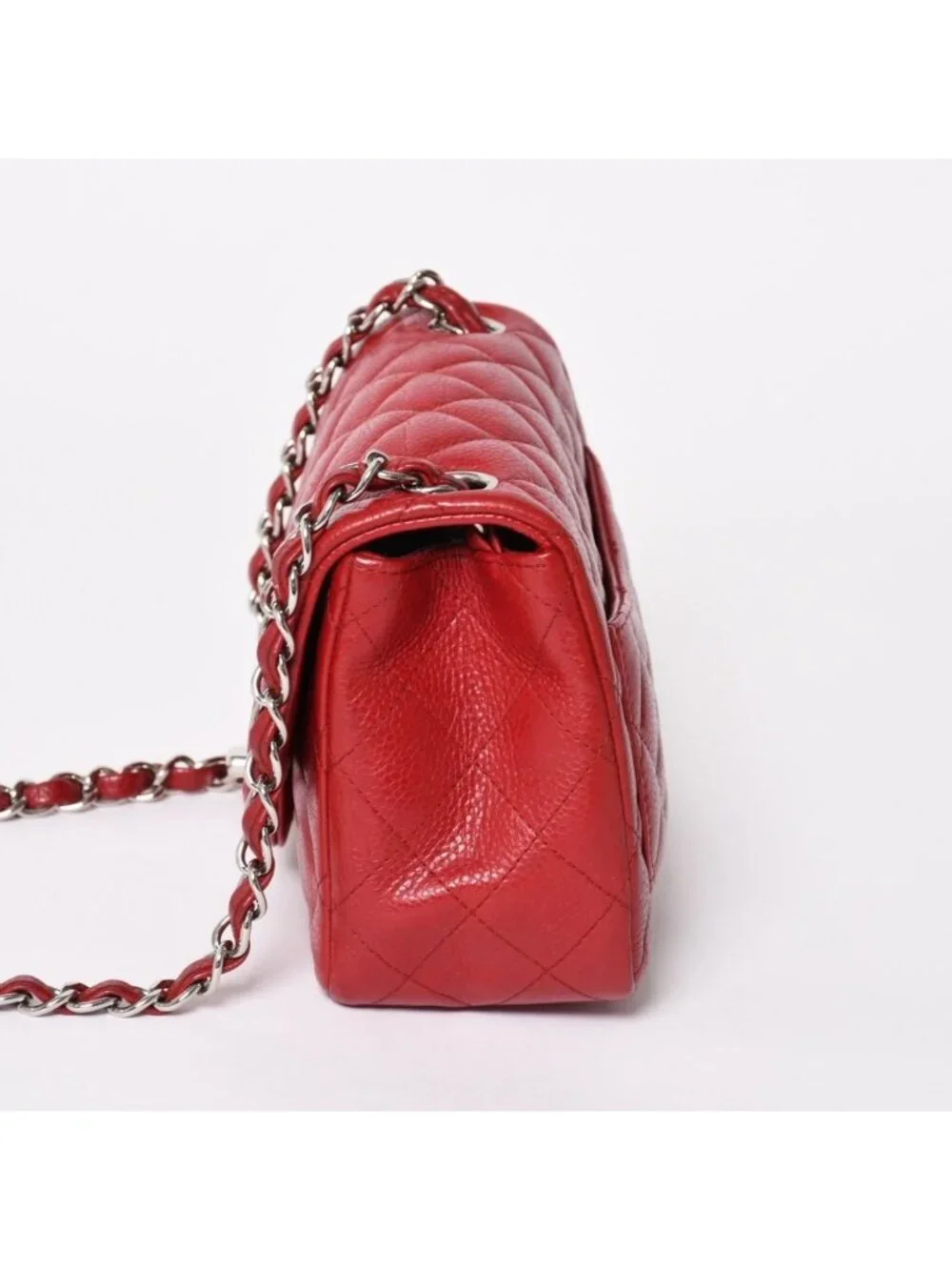 Chanel Mini Quilted 16 Chain Shoulder Bag Caviar Leather Red Silver